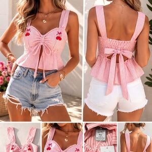 Dippin Daisy’s Pink Stripe Cherry Tie Front Crop Top Size Small NWT